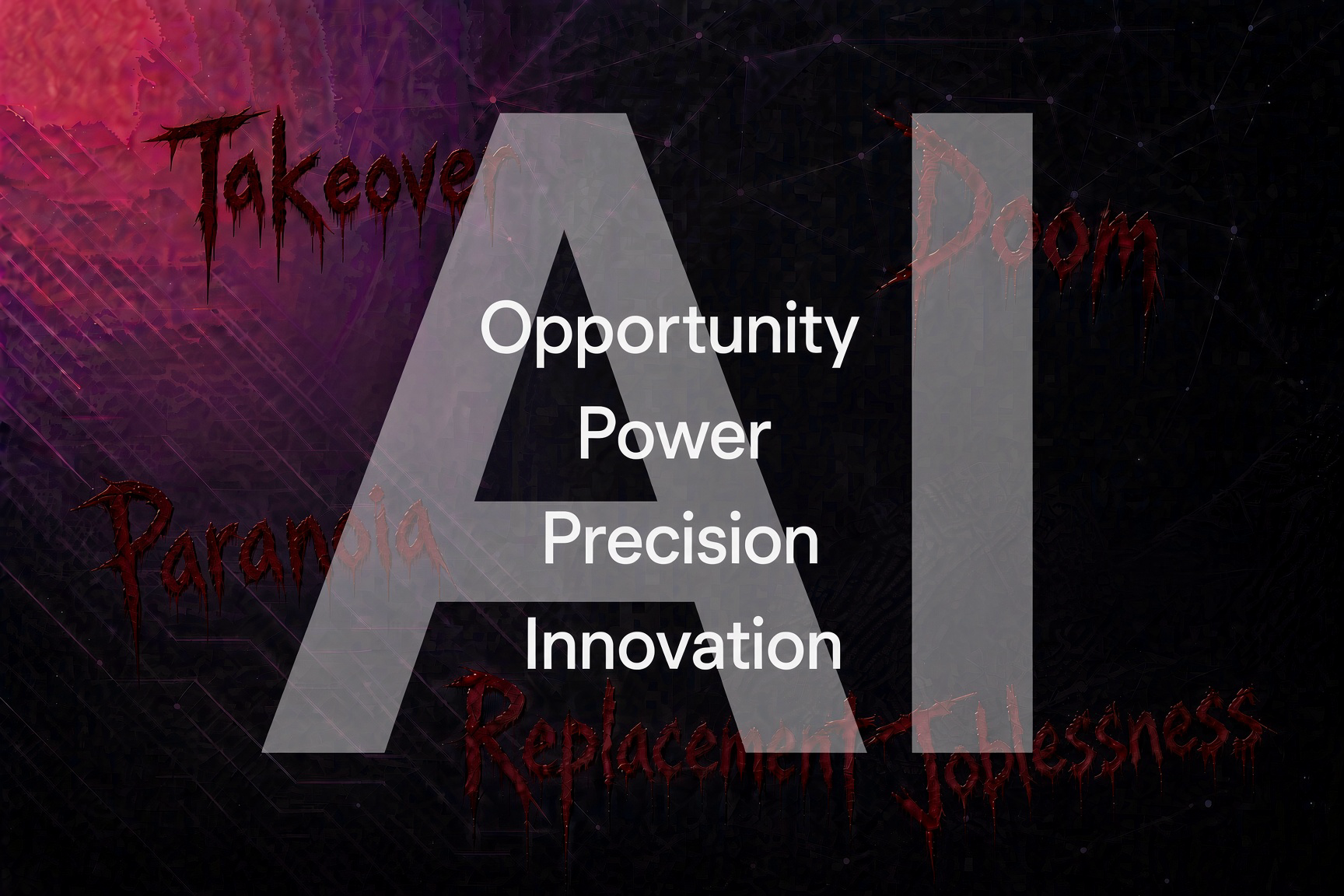 AI opportunity versus replacement fears: clean white words Opportunity, Power, Precision, Innovation over large AI letters, ringed by jagged red words Takeover, Doom, Paranoia, Replacement, and Joblessness on a dark circuit-pattern background